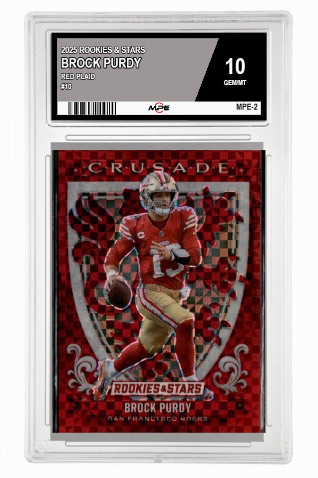 2025 ROOKIES & STARS RED PLAID #10 BROCK PURDY MPE 10 GEM/MT — graded card auctioned from the MPE vault