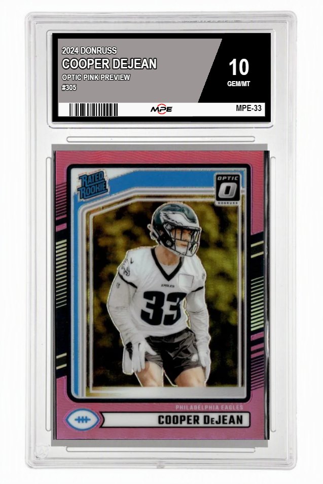 2024 DONRUSS OPTIC PINK PREVIEW #305 COOPER DEJEAN MPE 10 GEM/MT — graded card auctioned from the MPE vault