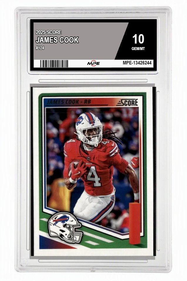 2025 SCORE #124 JAMES COOK MPE 10 GEM/MT — graded card auctioned from the MPE vault