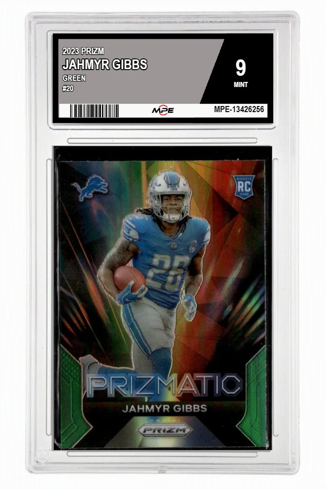 2023 PRIZM GREEN #20 JAHMYR GIBBS MPE 9 MINT — graded card auctioned from the MPE vault