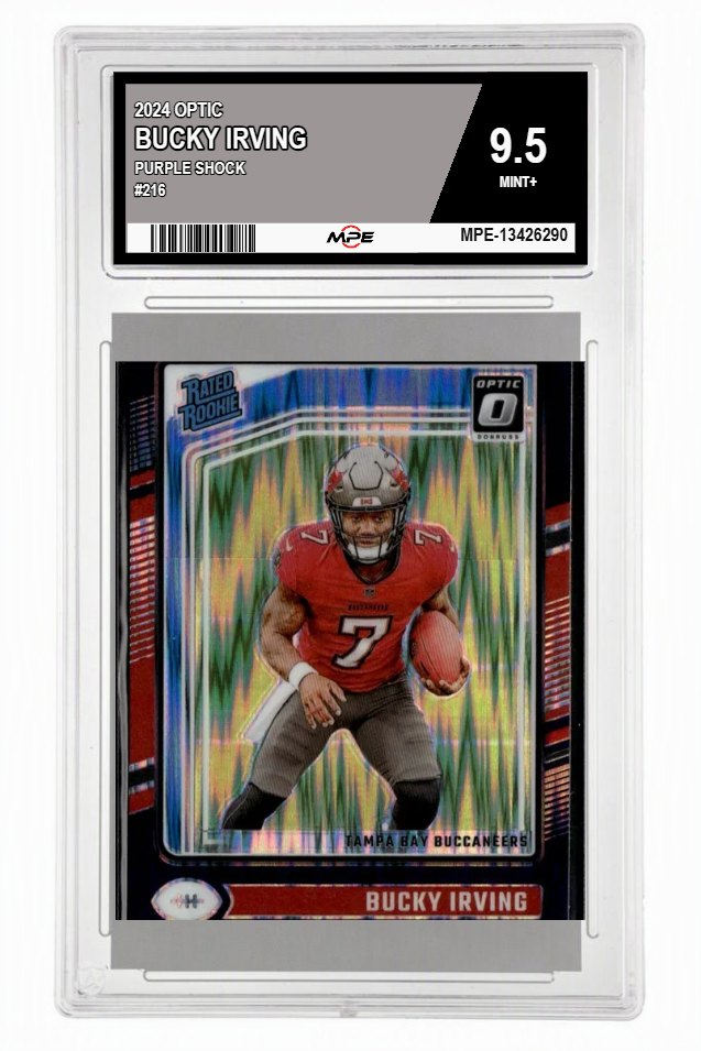 2024 OPTIC PURPLE SHOCK #216 BUCKY IRVING MPE 9.5 MINT+ — graded card auctioned from the MPE vault