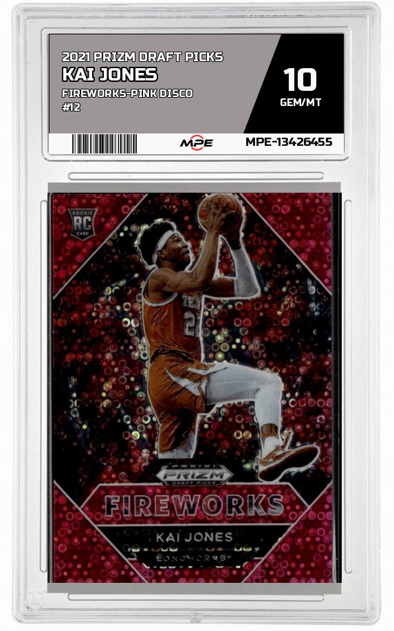 2021 PRIZM DRAFT PICKS FIREWORKS-PINK DISCO #12 KAI JONES MPE 10 GEM/MT — graded card auctioned from the MPE vault
