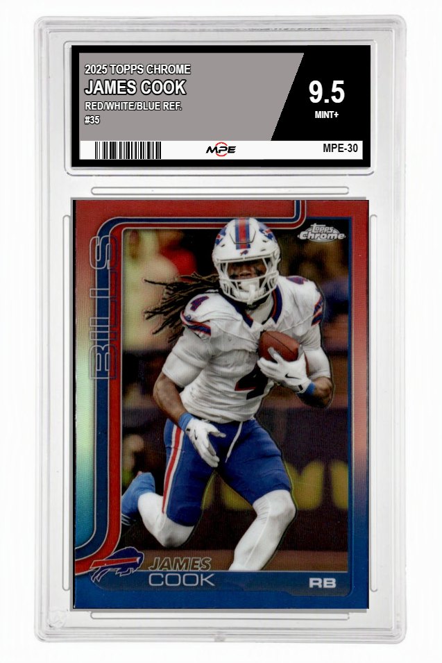 2025 TOPPS CHROME RED/WHITE/BLUE REF. #35 JAMES COOK MPE 9.5 MINT+ — graded card up for auction