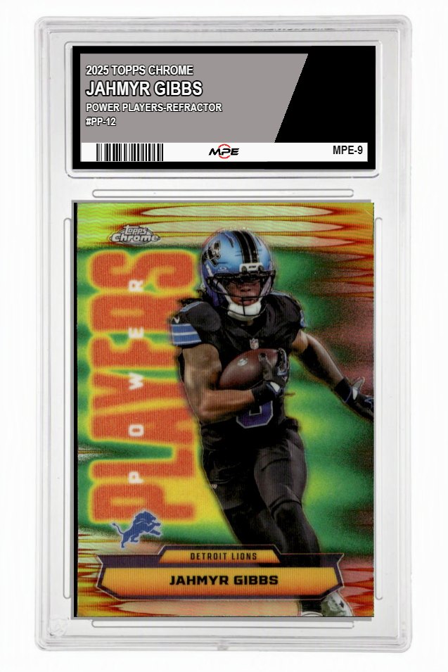 2025 TOPPS CHROME POWER PLAYERS-REFRACTOR #PP-12 JAHMYR GIBBS MPE 10 GEM/MT — graded card up for auction