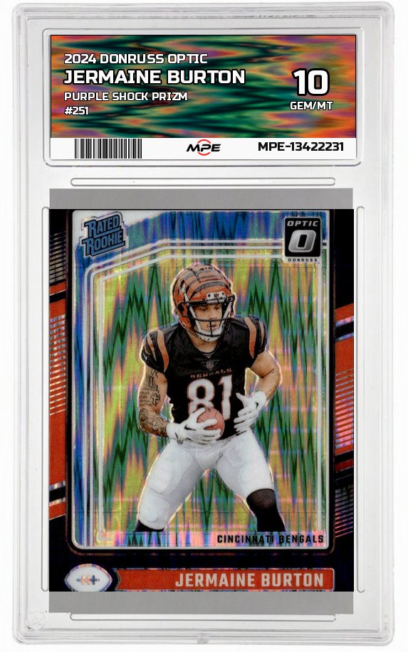 2024 DONRUSS OPTIC PURPLE SHOCK PRIZM #251 JERMAINE BURTON MPE 10 GEM/MT — graded card auctioned from the MPE vault