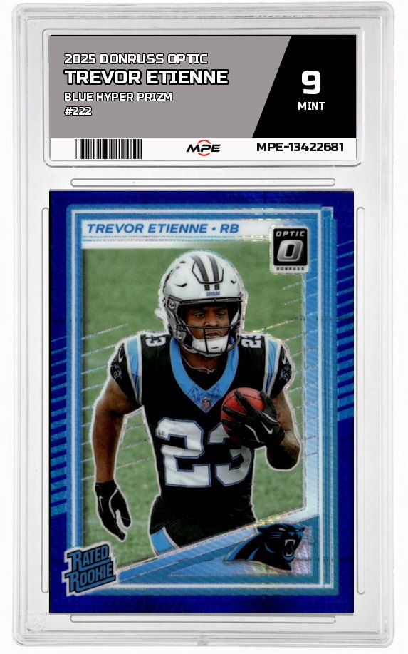 2025 DONRUSS OPTIC BLUE HYPER PRIZM #222 TREVOR ETIENNE MPE 9 MINT — graded card auctioned from the MPE vault