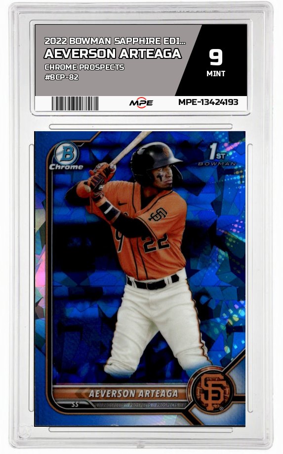 2022 BOWMAN SAPPHIRE EDITION CHROME PROSPECTS #BCP-82 AEVERSON ARTEAGA MPE 9 MINT — graded card auctioned from the MPE vault