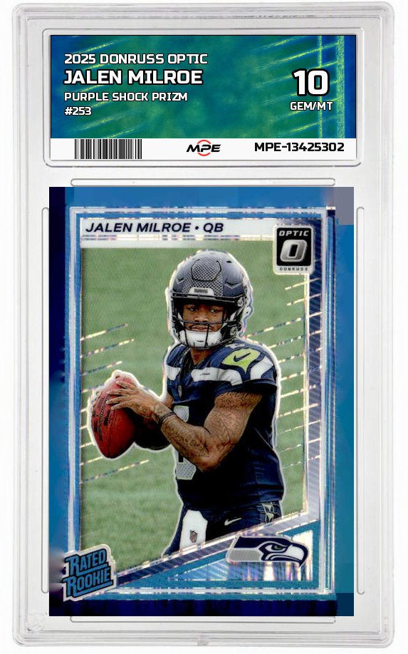 2025 DONRUSS OPTIC PURPLE SHOCK PRIZM #253 JALEN MILROE MPE 10 GEM/MT — graded card auctioned from the MPE vault