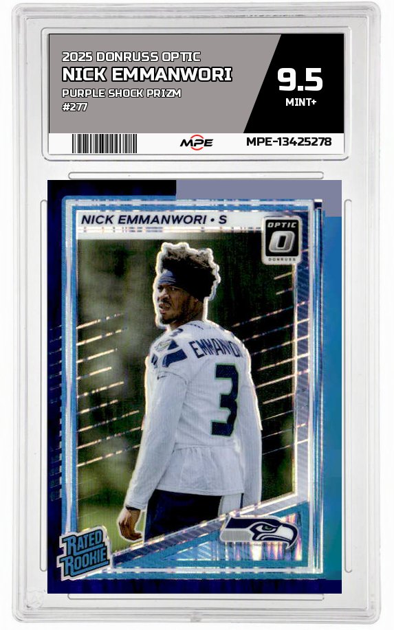 2025 DONRUSS OPTIC PURPLE SHOCK PRIZM #277 NICK EMMANWORI MPE 9.5 MINT+ — graded card auctioned from the MPE vault