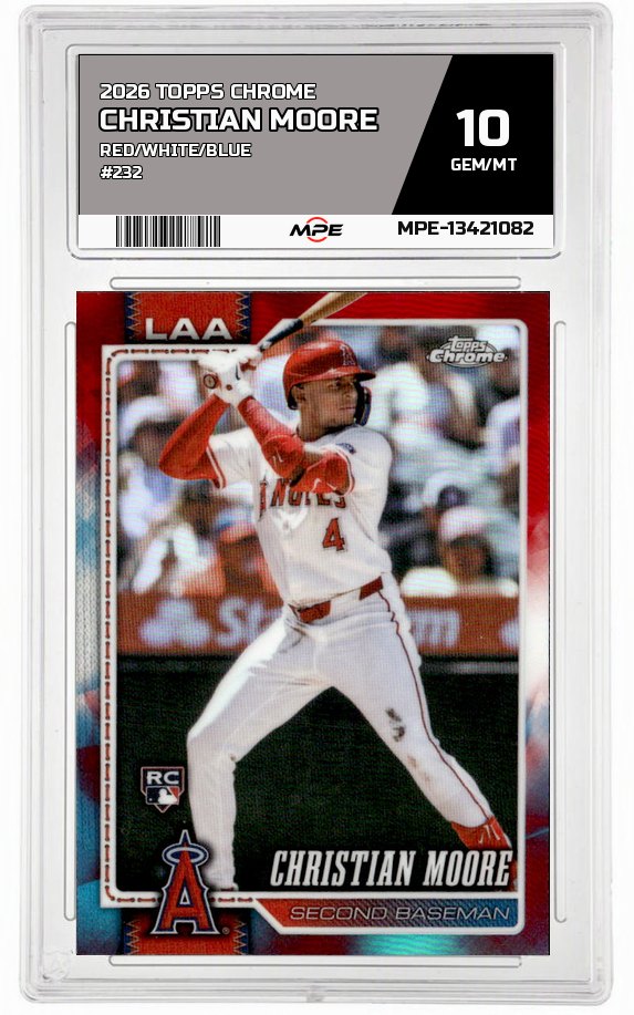 2026 TOPPS CHROME RED/WHITE/BLUE #232 CHRISTIAN MOORE MPE 10 GEM/MT — graded card auctioned from the MPE vault