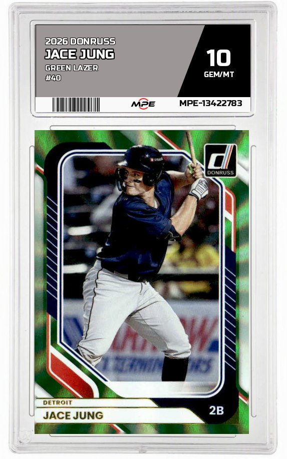 2026 DONRUSS GREEN LAZER #40 JACE JUNG MPE 10 GEM/MT — graded card auctioned from the MPE vault