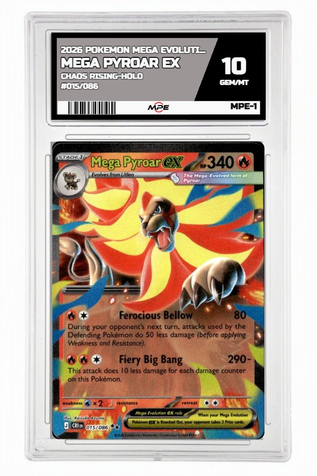 2026 POKEMON MEGA EVOLUTION CHAOS RISING-HOLO #015/086 Mega Pyroar EX MPE 10 GEM/MT — graded card up for auction