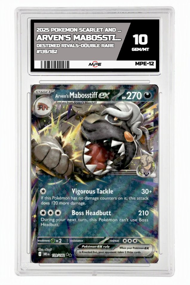 2025 POKEMON SCARLET AND VIOLET DESTINED RIVALS-DOUBLE RARE #139/182 Arven's Mabosstiff EX MPE 10 GEM/MT — graded card up for auction