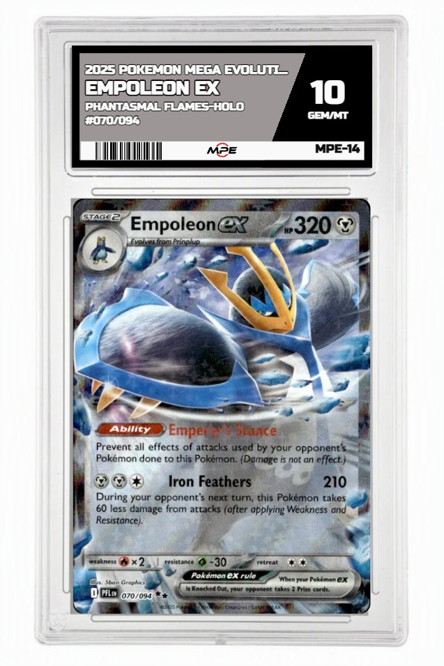 2025 POKEMON MEGA EVOLUTION PHANTASMAL FLAMES-HOLO #070/094 Empoleon EX MPE 10 GEM/MT — graded card up for auction