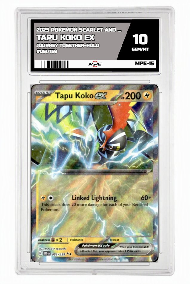 2025 POKEMON SCARLET AND VIOLET JOURNEY TOGETHER-HOLO #051/159 TAPU KOKO EX MPE 10 GEM/MT — graded card up for auction