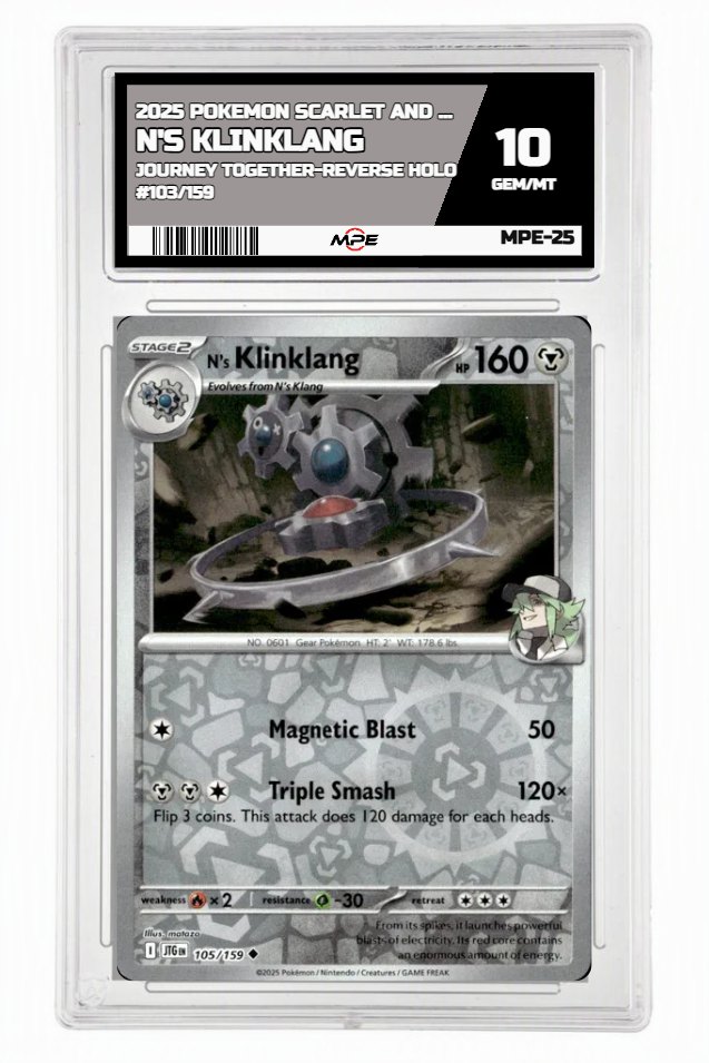 2025 POKEMON SCARLET AND VIOLET JOURNEY TOGETHER-REVERSE HOLO #103/159 N's Klinklang MPE 10 GEM/MT — graded card up for auction