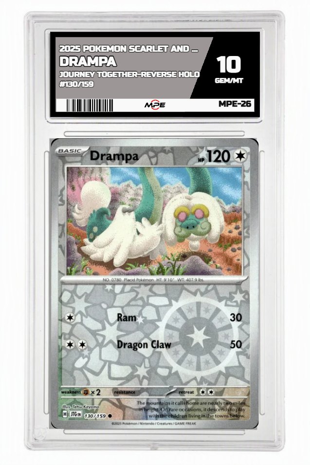 2025 POKEMON SCARLET AND VIOLET JOURNEY TOGETHER-REVERSE HOLO #130/159 Drampa MPE 10 GEM/MT — graded card up for auction