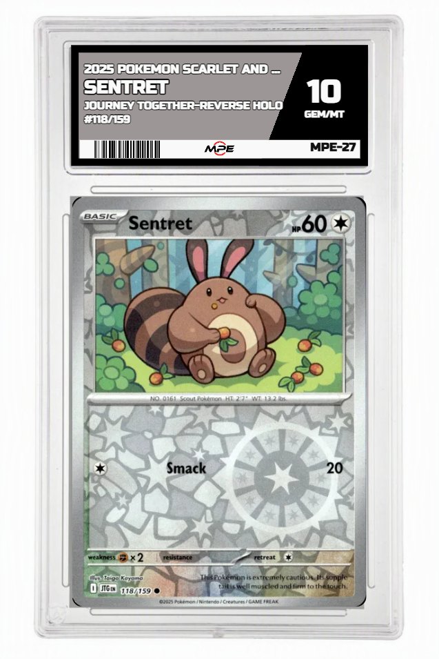 2025 POKEMON SCARLET AND VIOLET JOURNEY TOGETHER-REVERSE HOLO #118/159 Sentret MPE 10 GEM/MT — graded card up for auction