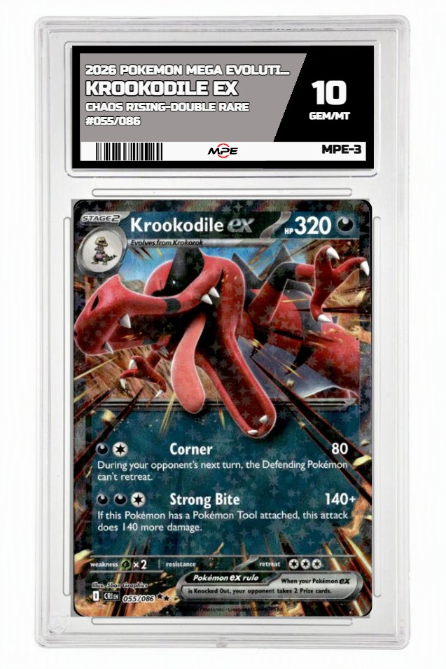 2026 POKEMON MEGA EVOLUTION CHAOS RISING-DOUBLE RARE #055/086 Krookodile EX MPE 10 GEM/MT — graded card up for auction