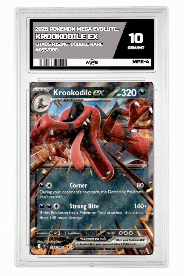 2026 POKEMON MEGA EVOLUTION CHAOS RISING-DOUBLE RARE #055/086 Krookodile EX MPE 10 GEM/MT — graded card up for auction