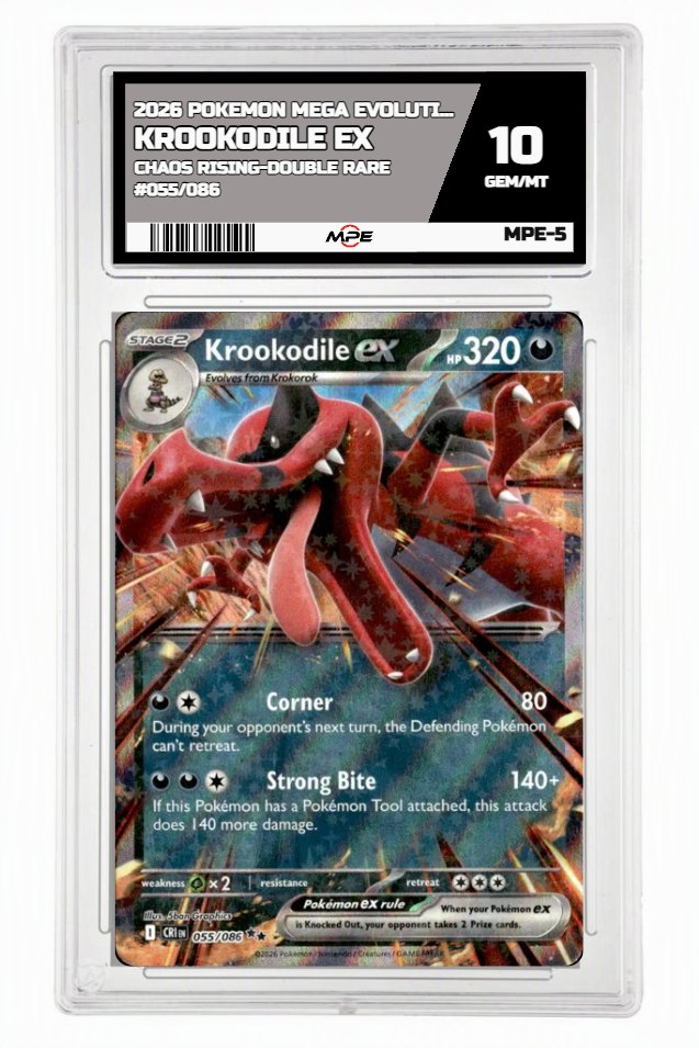 2026 POKEMON MEGA EVOLUTION CHAOS RISING-DOUBLE RARE #055/086 Krookodile EX MPE 10 GEM/MT — graded card up for auction