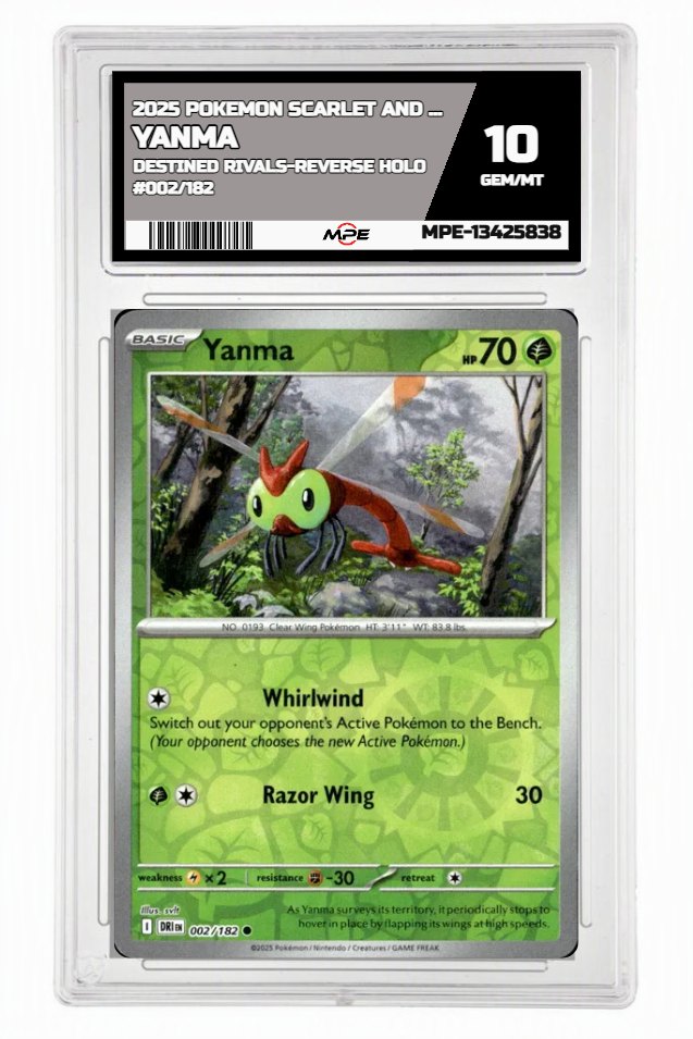 2025 POKEMON SCARLET AND VIOLET DESTINED RIVALS-REVERSE HOLO #002/182 Yanma MPE 10 GEM/MT — graded card up for auction