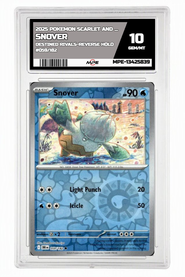 2025 POKEMON SCARLET AND VIOLET DESTINED RIVALS-REVERSE HOLO #059/182 Snover MPE 10 GEM/MT — graded card auctioned from the MPE vault