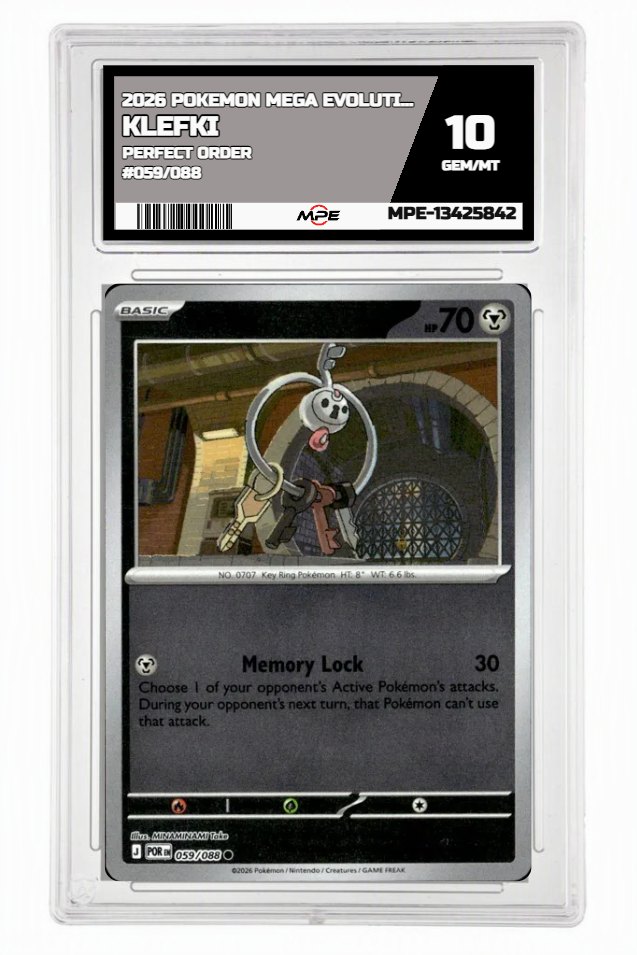 2026 POKEMON MEGA EVOLUTION PERFECT ORDER #059/088 Klefki MPE 10 GEM/MT — graded card auctioned from the MPE vault