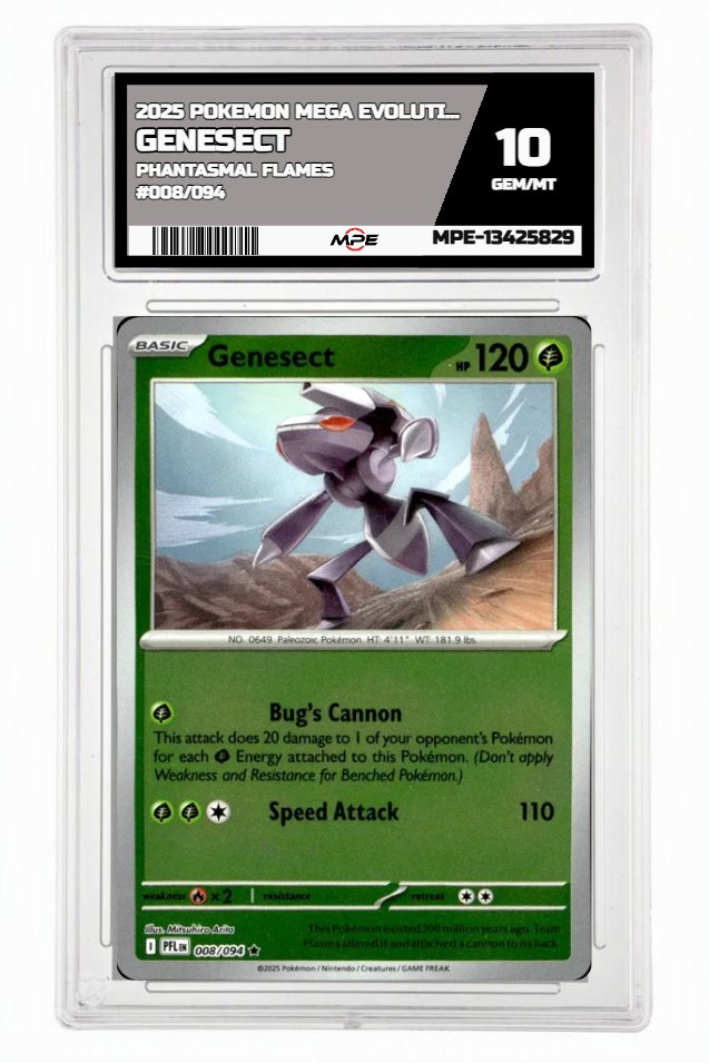 2025 POKEMON MEGA EVOLUTION PHANTASMAL FLAMES #008/094 Genesect MPE 10 GEM/MT — graded card auctioned from the MPE vault