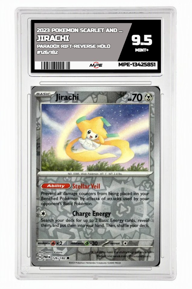 2023 POKEMON SCARLET AND VIOLET PARADOX RIFT-REVERSE HOLO #126/182 Jirachi MPE 9.5 MINT+ — graded card auctioned from the MPE vault