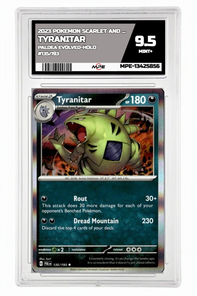 2023 POKEMON SCARLET AND VIOLET PALDEA EVOLVED-HOLO #135/193 Tyranitar MPE 9.5 MINT+ — graded card auctioned from the MPE vault