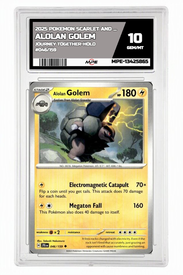 2025 POKEMON SCARLET AND VIOLET JOURNEY TOGETHER-HOLO #046/159 ALOLAN GOLEM MPE 10 GEM/MT — graded card auctioned from the MPE vault