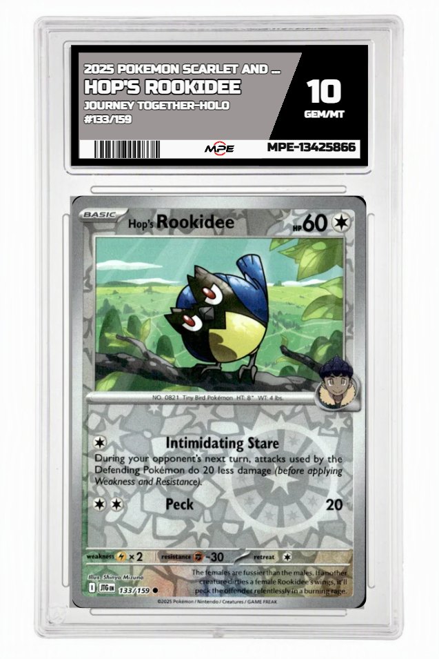 2025 POKEMON SCARLET AND VIOLET JOURNEY TOGETHER-HOLO #133/159 Hop's Rookidee MPE 10 GEM/MT — graded card auctioned from the MPE vault