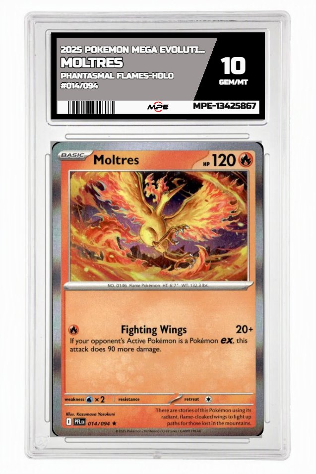 2025 POKEMON MEGA EVOLUTION PHANTASMAL FLAMES-HOLO #014/094 Moltres MPE 10 GEM/MT — graded card up for auction
