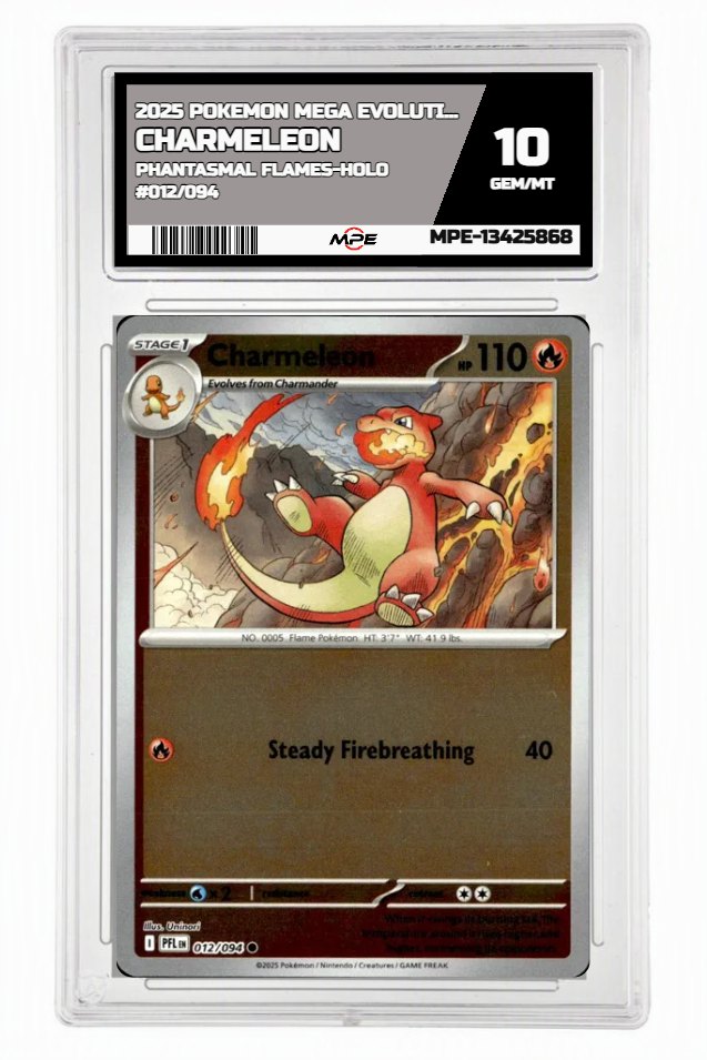 2025 POKEMON MEGA EVOLUTION PHANTASMAL FLAMES-HOLO #012/094 Charmeleon MPE 10 GEM/MT — graded card auctioned from the MPE vault