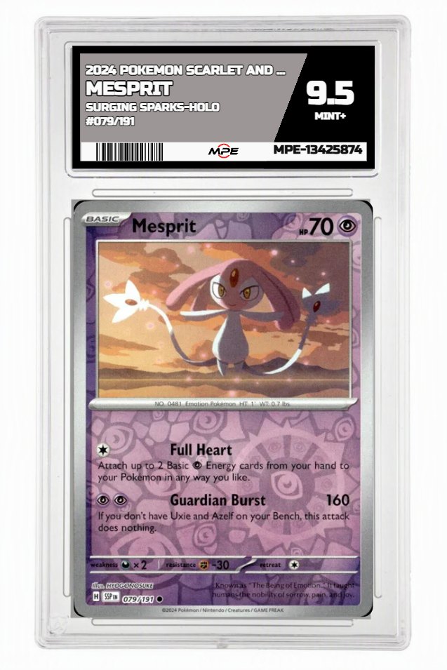 2024 POKEMON SCARLET AND VIOLET SURGING SPARKS-HOLO #079/191 MESPRIT MPE 9.5 MINT+ — graded card auctioned from the MPE vault