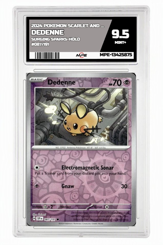 2024 POKEMON SCARLET AND VIOLET SURGING SPARKS-HOLO #087/191 Dedenne MPE 9.5 MINT+ — graded card up for auction