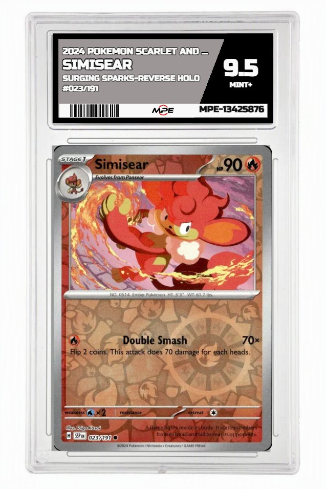 2024 POKEMON SCARLET AND VIOLET SURGING SPARKS-REVERSE HOLO #023/191 SIMISEAR MPE 9.5 MINT+ — graded card auctioned from the MPE vault