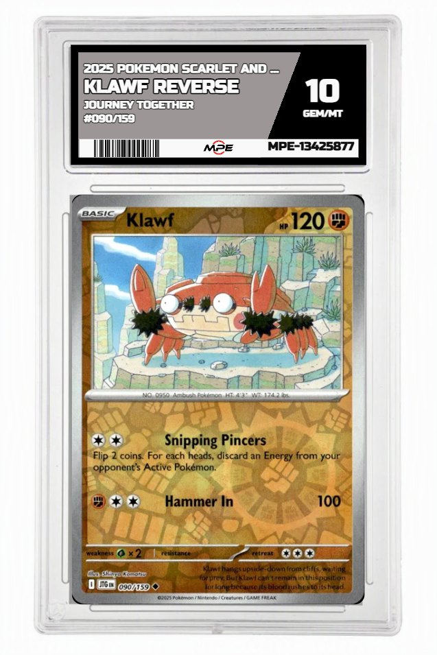 2025 POKEMON SCARLET AND VIOLET JOURNEY TOGETHER #090/159 KLAWF REVERSE MPE 10 GEM/MT — graded card auctioned from the MPE vault