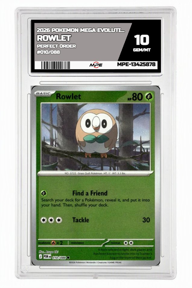 2026 POKEMON MEGA EVOLUTION PERFECT ORDER #010/088 Rowlet MPE 10 GEM/MT — graded card auctioned from the MPE vault