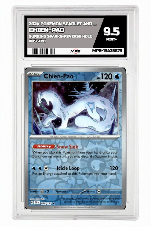 2024 POKEMON SCARLET AND VIOLET SURGING SPARKS-REVERSE HOLO #056/191 Chien-Pao MPE 9.5 MINT+ — graded card auctioned from the MPE vault