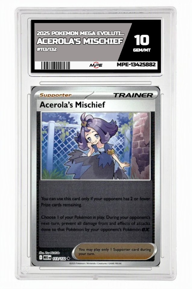 2025 POKEMON MEGA EVOLUTION #113/132 Acerola's Mischief MPE 10 GEM/MT — graded card auctioned from the MPE vault