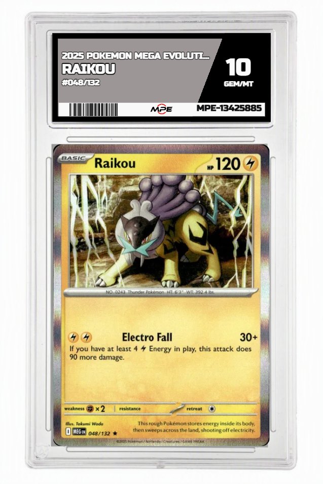 2025 POKEMON MEGA EVOLUTION #048/132 Raikou MPE 10 GEM/MT — graded card auctioned from the MPE vault