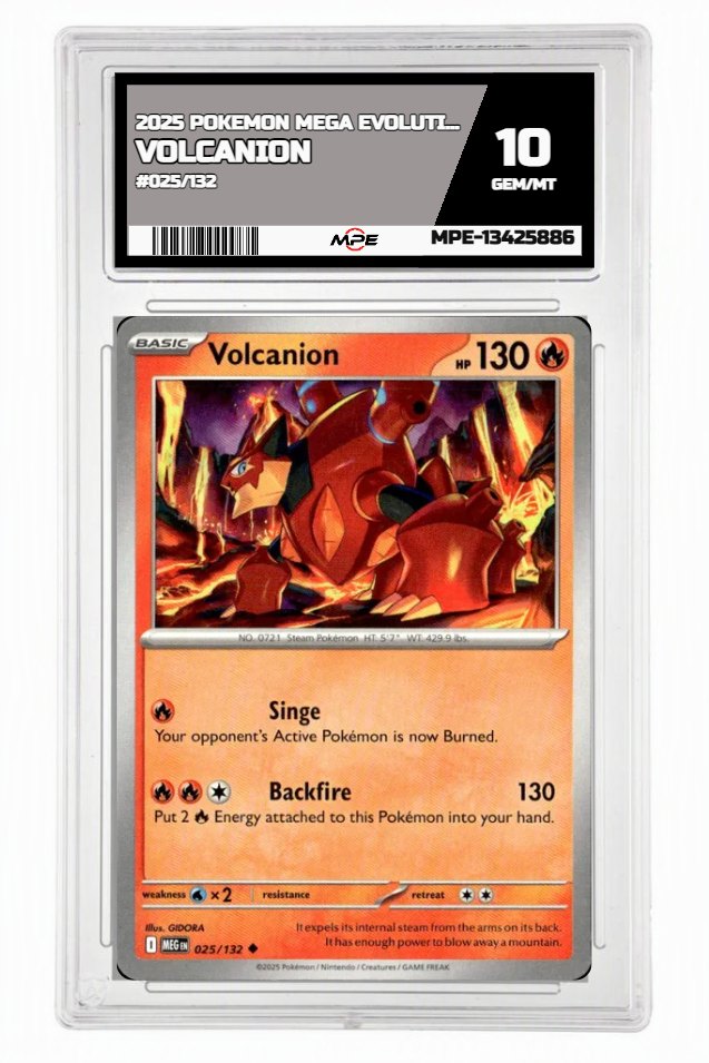 2025 POKEMON MEGA EVOLUTION #025/132 Volcanion MPE 10 GEM/MT — graded card auctioned from the MPE vault