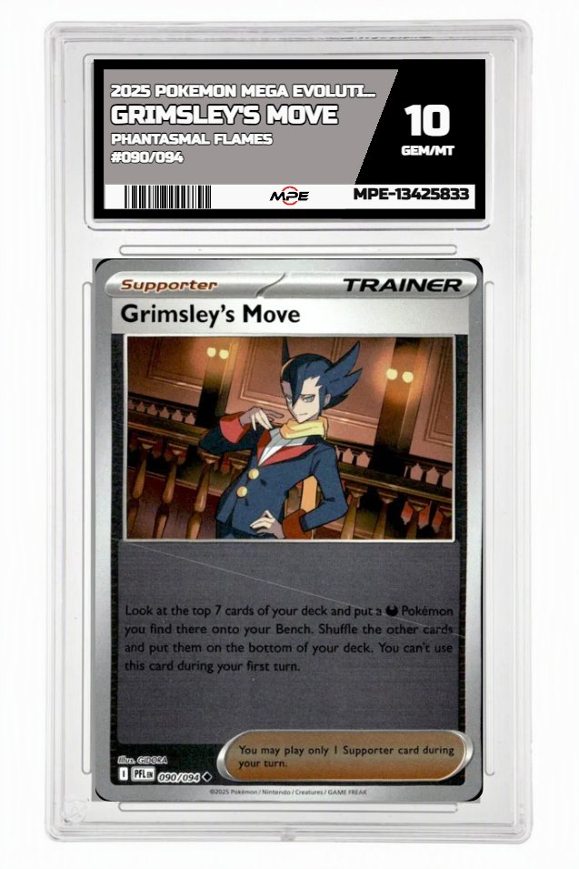 2025 POKEMON MEGA EVOLUTION PHANTASMAL FLAMES #090/094 Grimsley's Move MPE 10 GEM/MT — graded card auctioned from the MPE vault