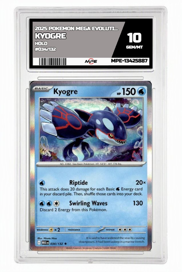 2025 POKEMON MEGA EVOLUTION HOLO #034/132 Kyogre MPE 10 GEM/MT — graded card auctioned from the MPE vault
