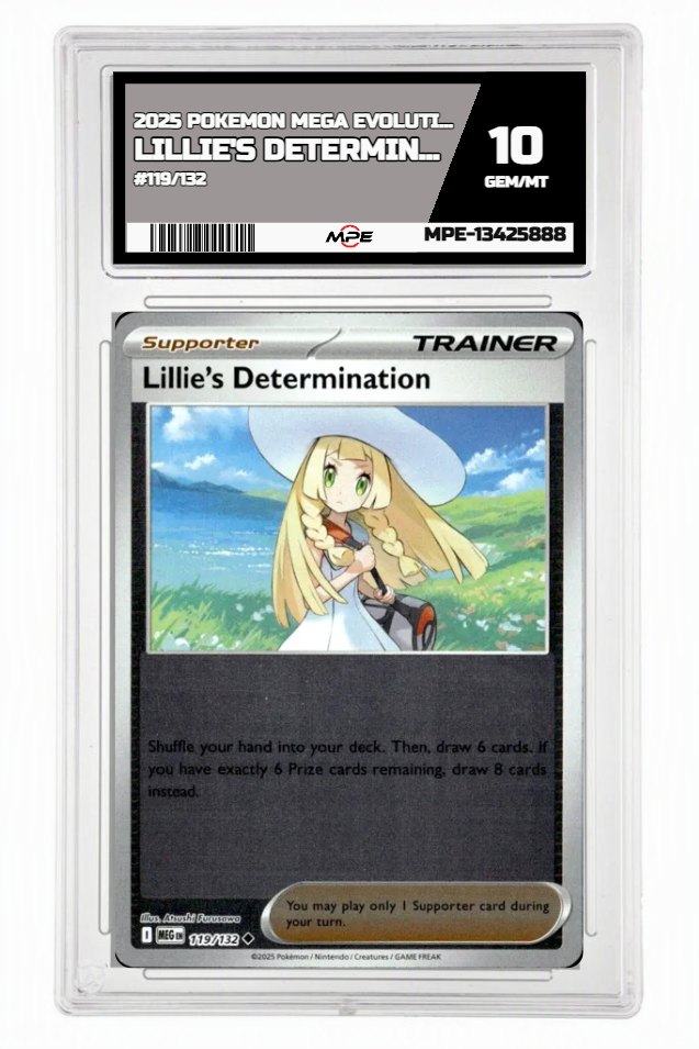 2025 POKEMON MEGA EVOLUTION #119/132 LILLIE'S DETERMINATION MPE 10 GEM/MT — graded card auctioned from the MPE vault