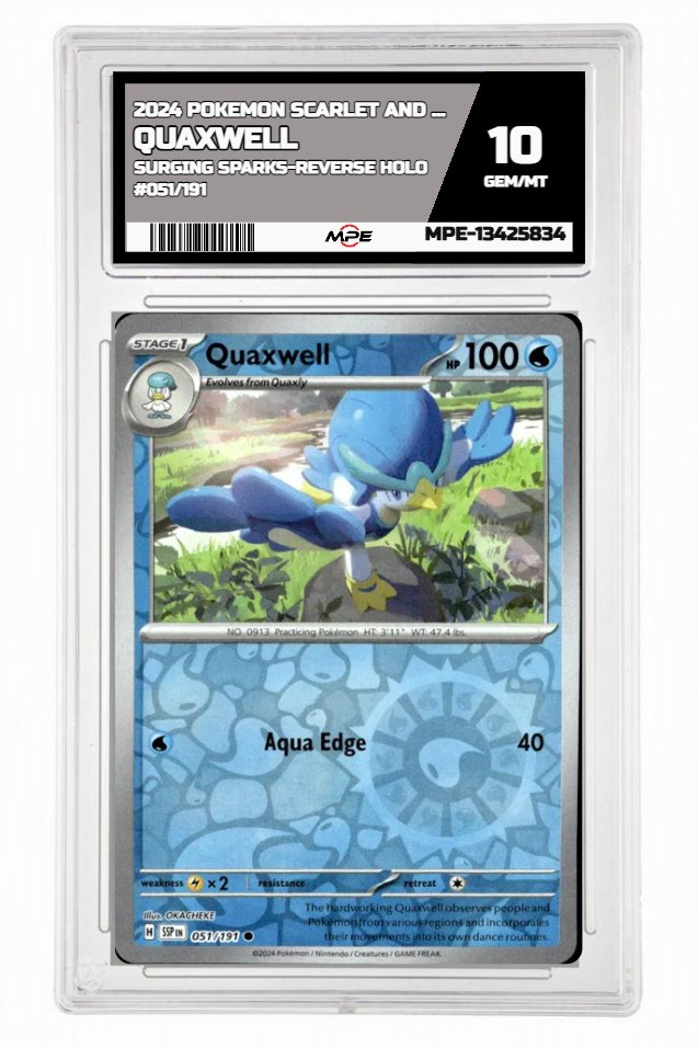 2024 POKEMON SCARLET AND VIOLET SURGING SPARKS-REVERSE HOLO #051/191 Quaxwell MPE 10 GEM/MT — graded card auctioned from the MPE vault