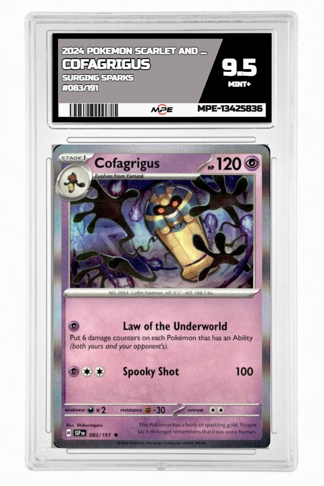 2024 POKEMON SCARLET AND VIOLET SURGING SPARKS #083/191 Cofagrigus MPE 9.5 MINT+ — graded card auctioned from the MPE vault