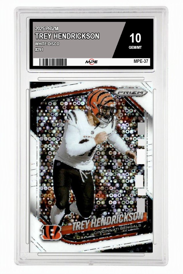 2025 PRIZM WHITE DISCO #291 TREY HENDRICKSON MPE 10 GEM/MT — graded card up for auction